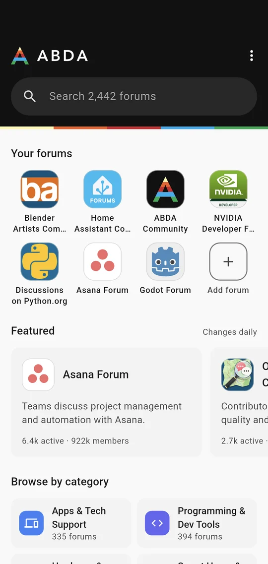 ABDA home screen: your forums, a featured forum and categories to browse