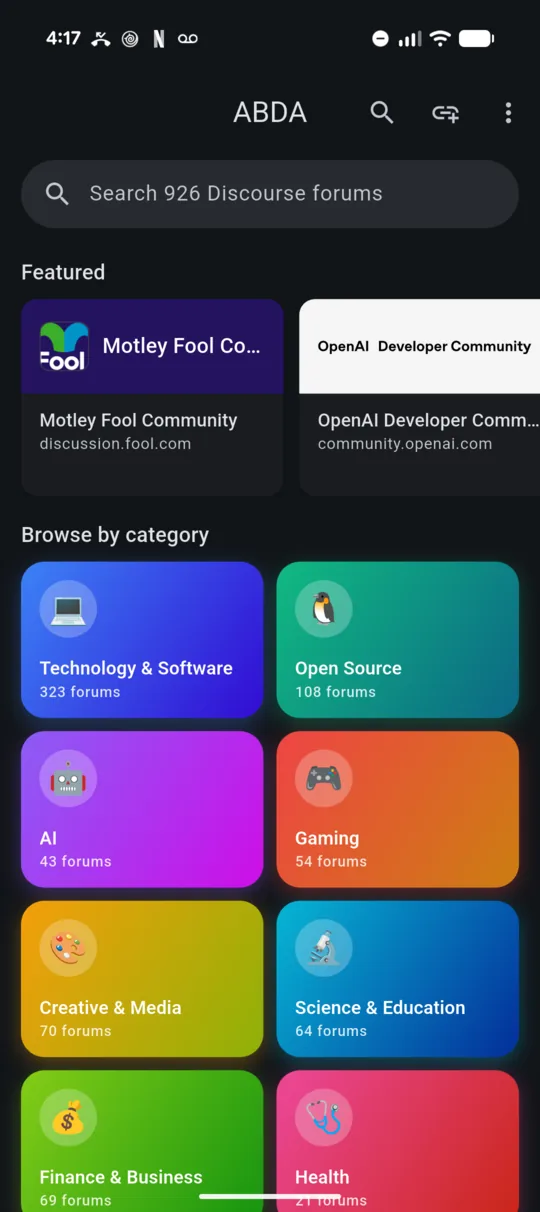 ABDA home screen showing featured Discourse forums and category tiles