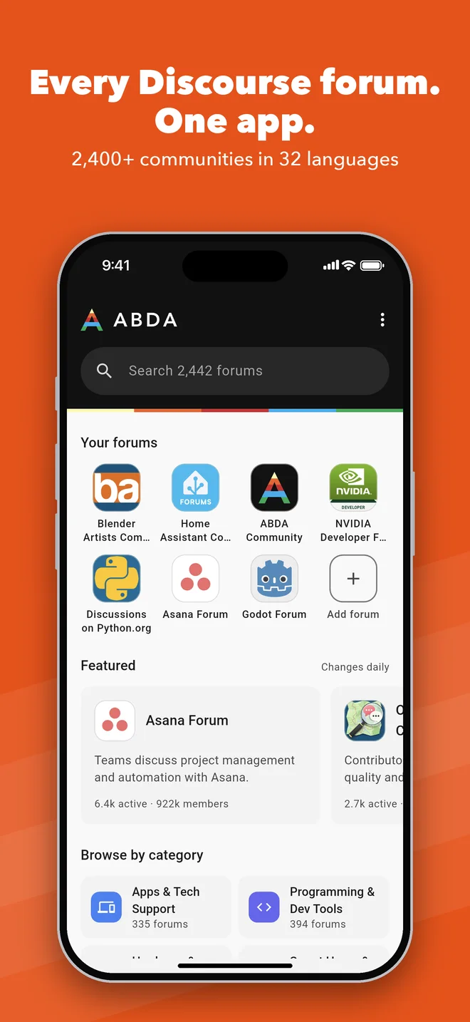 Every Discourse forum. One app.: ABDA home: your forums, a featured forum and categories