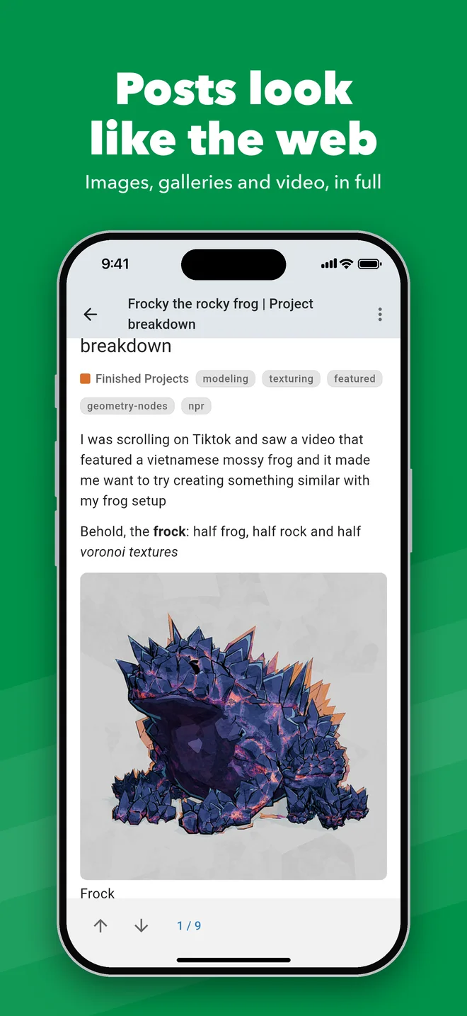Posts look like the web: A Blender Artists thread with its full-size render